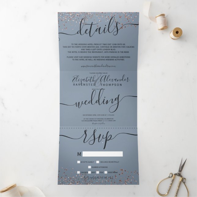 Rose gold glitter confetti dusty blue chic wedding Tri-Fold invitation (Inside)