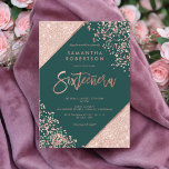 Rose gold glitter confetti emerald green Sweet 16 Invitation<br><div class="desc">Rose Gold glitter confetti and color block typography on customizable emerald green and faux rose gold geometric stripes chic Sweet 16 birthday party invite ,  perfect for elegant,  luxurious Sixteeñera, </div>