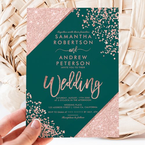 Rose gold glitter confetti emerald green wedding invitation