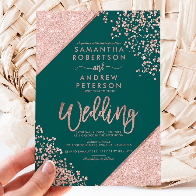 Rose gold glitter confetti emerald green wedding invitation (Creator Uploaded)