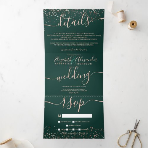 Rose gold glitter confetti emerald green wedding Tri_Fold invitation
