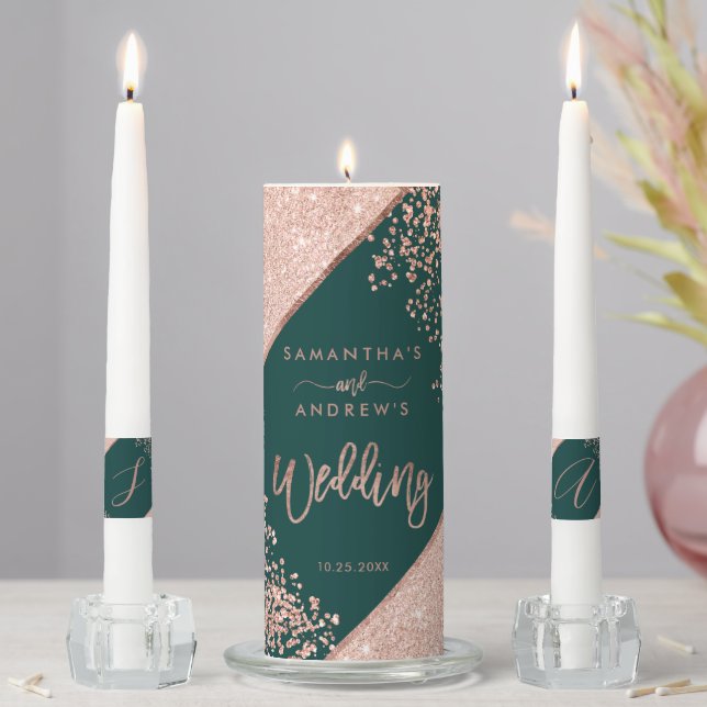 Rose gold glitter confetti Emerald Green Wedding Unity Candle Set (In Situ)