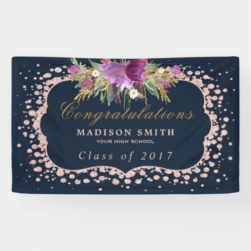 Rose Gold Glitter Confetti Floral Graduation Banner