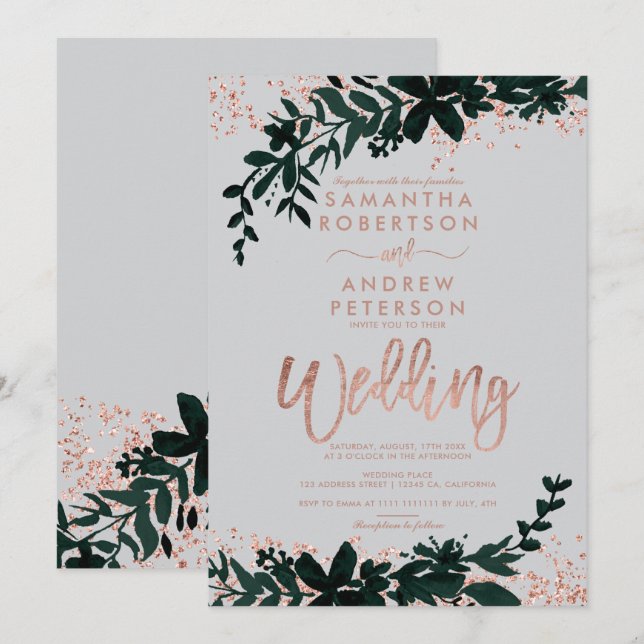 Rose gold glitter confetti Floral grey wedding Invitation (Front/Back)