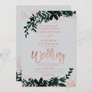 Rose gold glitter confetti Floral grey wedding Invitation
