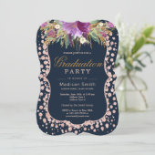 Rose Gold Glitter Confetti Glam Floral Grad Party Invitation (Standing Front)
