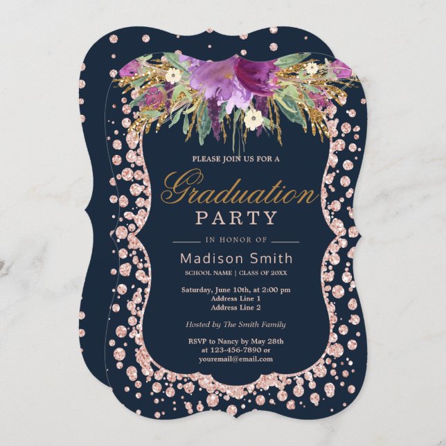 Rose Gold Glitter Confetti Glam Floral Grad Party Invitation (Front/Back)