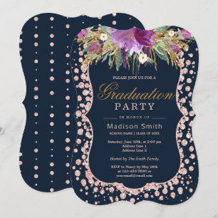 Rose Gold Glitter Confetti Glam Floral Grad Party Invitation