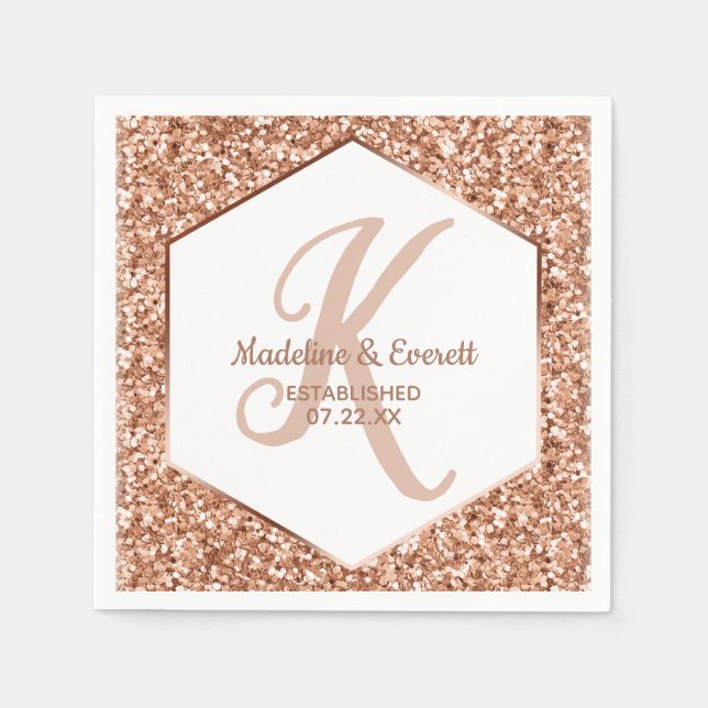 Rose Gold Glitter Confetti Glam Monogram Wedding Napkins (Front)