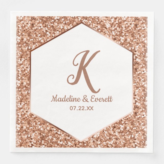 Rose Gold Glitter Confetti Glam Monogram Wedding Paper Dinner Napkins (Front)