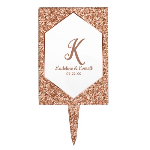 Rose Gold Glitter Confetti Glam Wedding Monogram Cake Topper