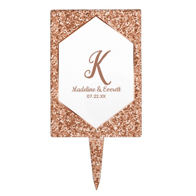 Rose Gold Glitter Confetti Glam Wedding Monogram Cake Topper (Front)