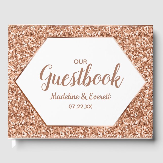 Rose Gold Glitter Confetti Glam Wedding Monogram Guest Book (Front)
