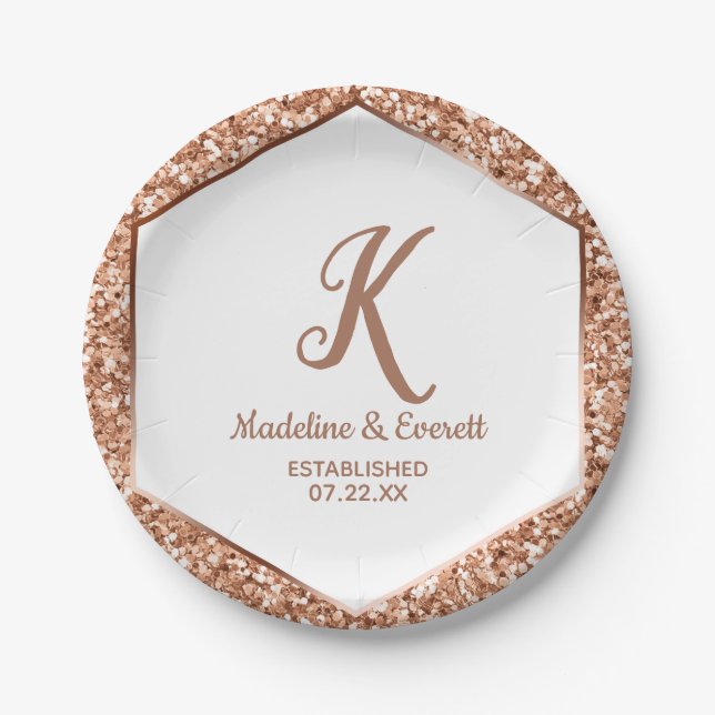 Rose Gold Glitter Confetti Glam Wedding Monogram Paper Plates (Front)