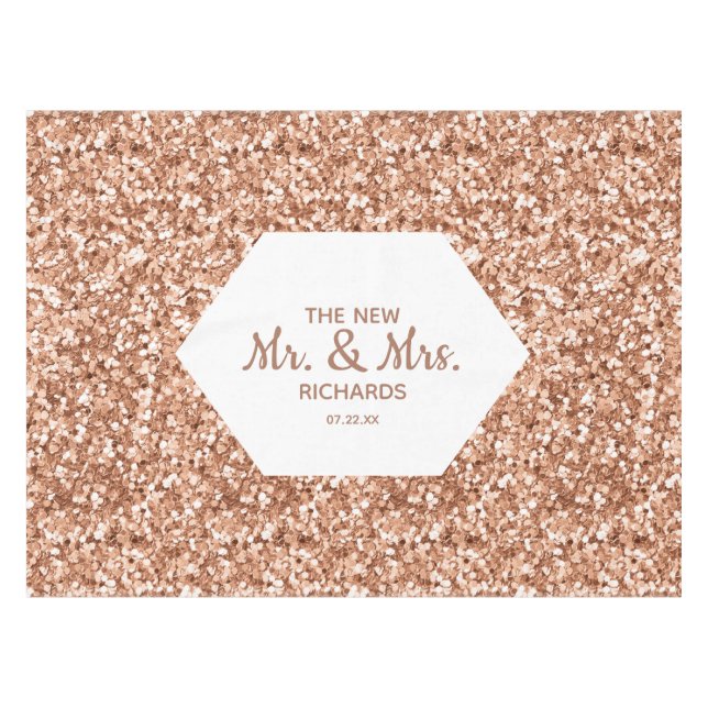 Rose Gold Glitter Confetti Glam Wedding Monogram Tablecloth (Front (Horizontal))