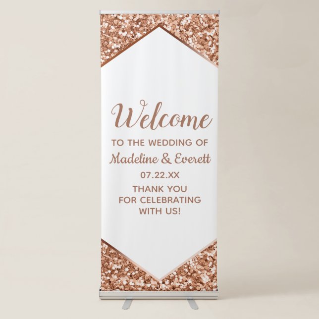 Rose Gold Glitter Confetti Glam Wedding Welcome Retractable Banner (Front)
