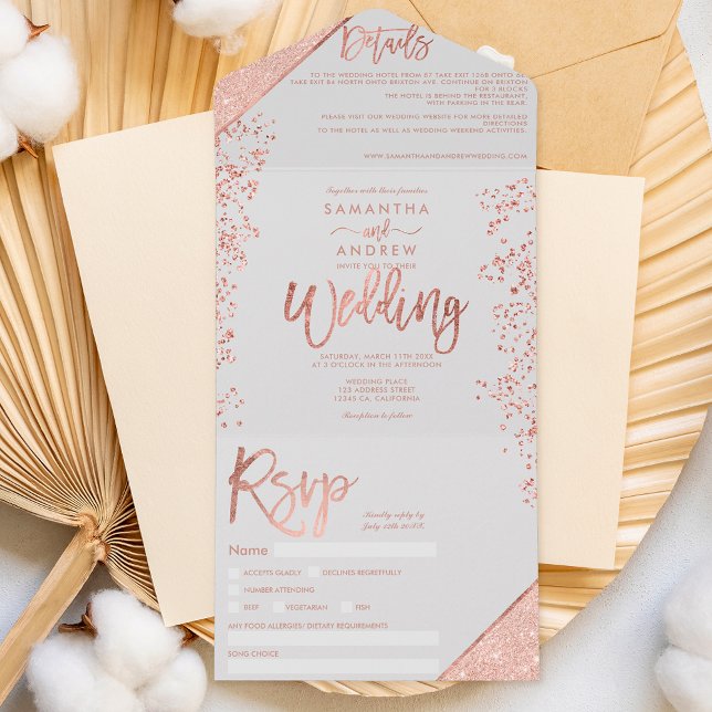Rose gold glitter confetti gray chic wedding all in one invitation (Creator Uploaded)