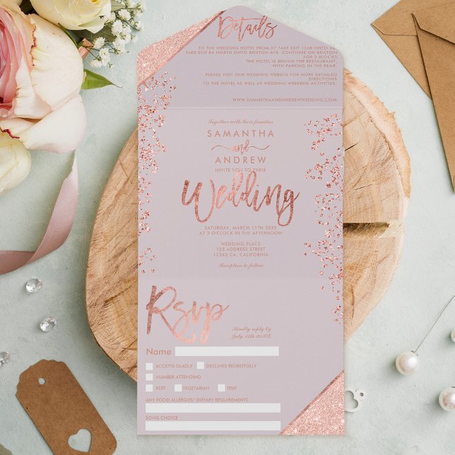 Rose gold glitter confetti gray lilac wedding all in one invitation (Creator Uploaded)