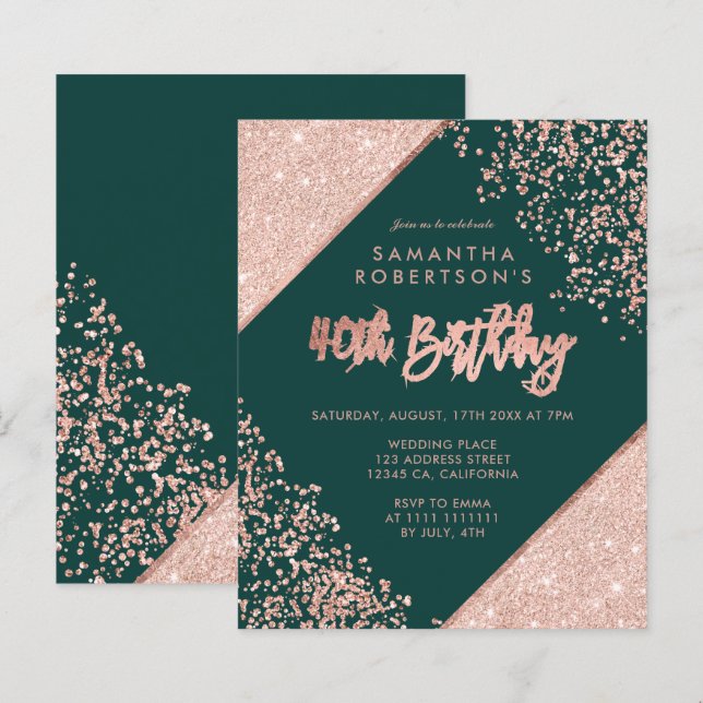 Rose gold glitter confetti green budget 40th (Front/Back)