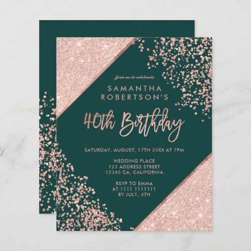 Rose gold glitter confetti green budget 40th