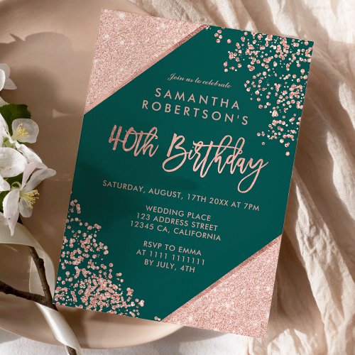 Rose gold glitter confetti green budget 40th invitation