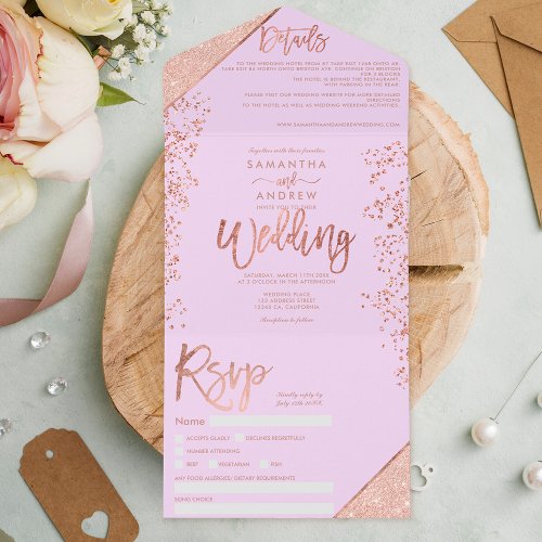 Rose gold glitter confetti lavender chic wedding all in one invitation