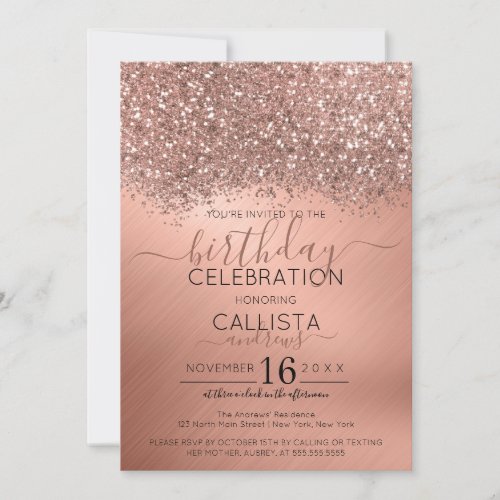 Rose Gold Glitter Confetti Metallic Birthday Invitation