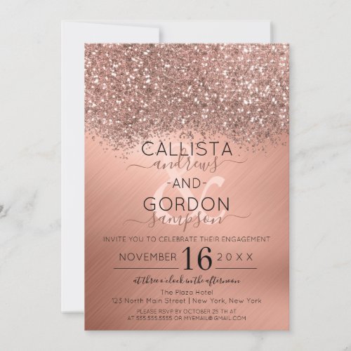 Rose Gold Glitter Confetti Metallic Engagement Invitation