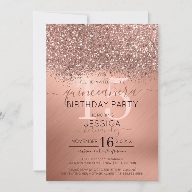 Rose Gold Glitter Confetti Metallic Quinceañera Invitation (Front)