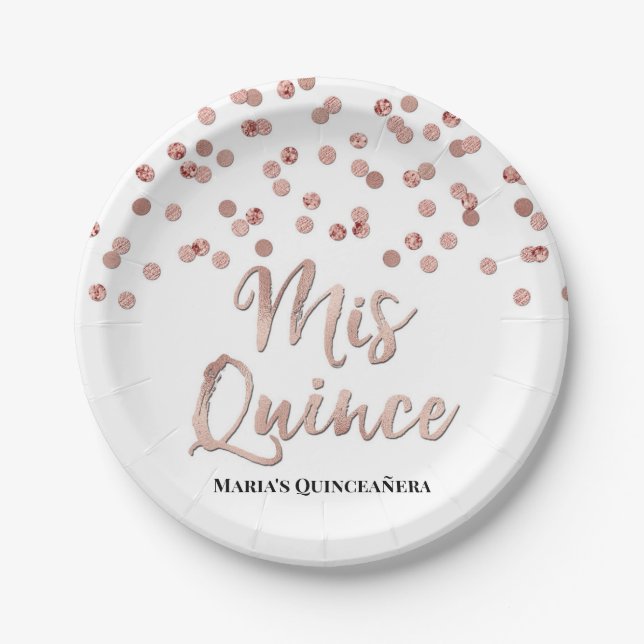 Rose Gold Glitter Confetti Mis 15 Quinceanera Paper Plates (Front)