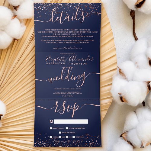 Rose gold glitter confetti navy blue chic wedding Tri_Fold invitation