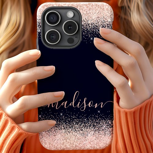 Rose Gold Glitter Confetti Navy Blue Personalized iPhone 11 Case