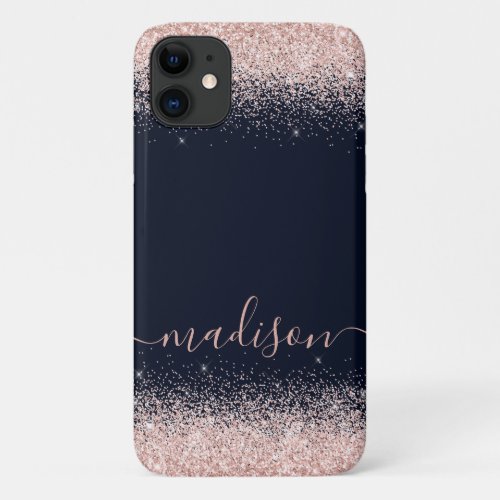 Rose Gold Glitter Confetti Navy Blue Personalized iPhone 11 Case