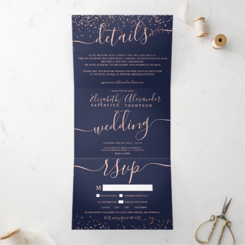 Rose gold glitter confetti navy blue seats wedding Tri_Fold invitation