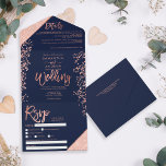 Rose gold glitter confetti navy blue wedding all in one invitation<br><div class="desc">Elegant chic rose gold glitter confetti and typography navy blue wedding ,  rose gold glitter color block typography on customizable navy blue and faux rose gold geometric stripes chic wedding ,  perfect for elegant,  luxurious wedding,  add your photo,  wedding details and rsvp.</div>