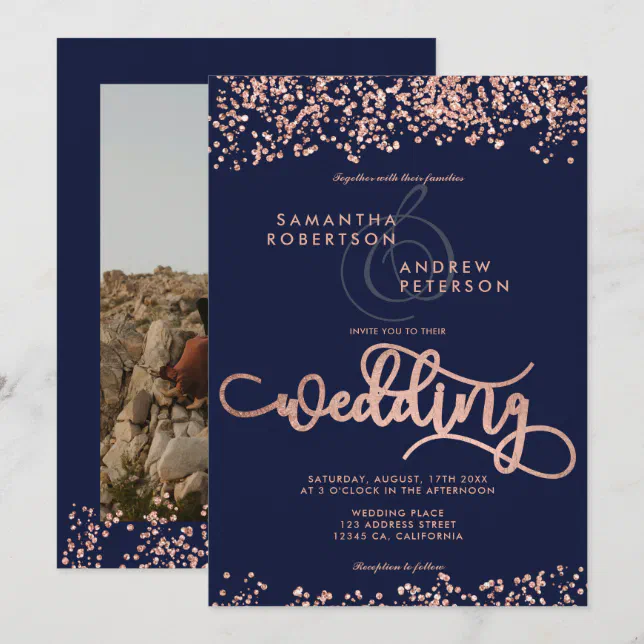 Rose gold glitter confetti navy blue wedding photo invitation | Zazzle