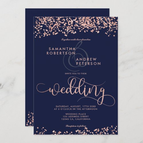 Rose gold glitter confetti navy blue wedding photo invitation