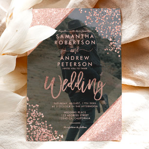 Rose gold glitter confetti navy blue wedding photo invitation
