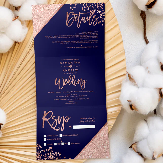 Rose gold glitter confetti navy blue wedding Tri-Fold invitation | Zazzle