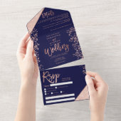 Rose gold glitter confetti navy chic wedding all in one invitation (Tearaway)