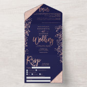 Rose gold glitter confetti navy chic wedding all in one invitation (Inside)