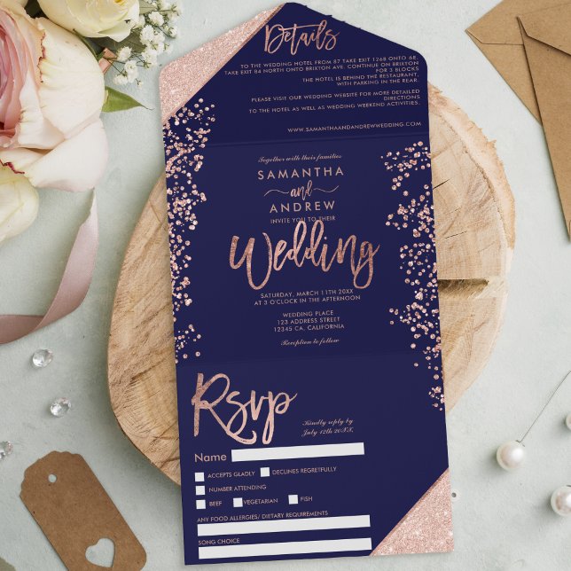 Rose gold glitter confetti navy chic wedding all in one invitation