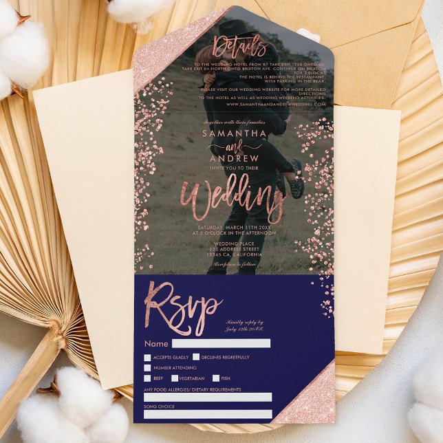 Rose gold glitter confetti navy photo wedding all in one invitation (Creator Uploaded)