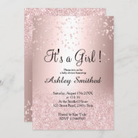 Rose gold glitter confetti ombre girl baby shower invitation