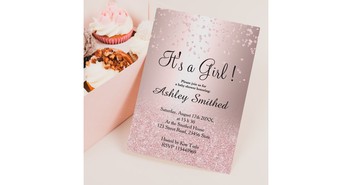Rose gold glitter confetti ombre girl baby shower invitation | Zazzle