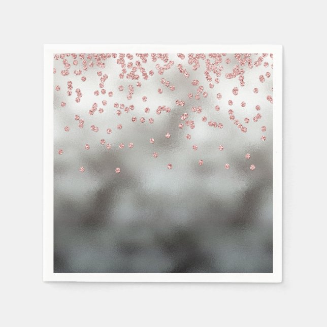 Rose gold glitter confetti on silver paper napkins (Front)
