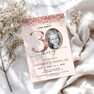 Rose Gold Glitter Confetti Photo 30th Birthday Invitation