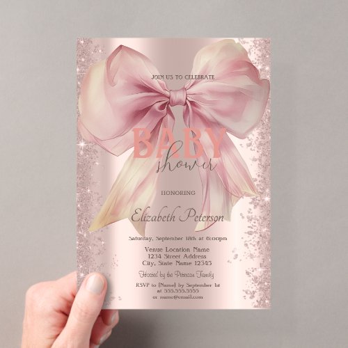 Rose Gold Glitter Confetti Pink Bow Baby Shower Acrylic Invitations