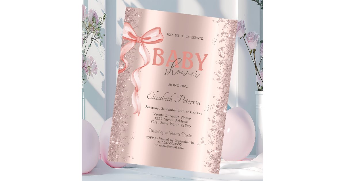 Rose Gold Glitter Confetti Pink Bow Baby Shower Invitation | Zazzle