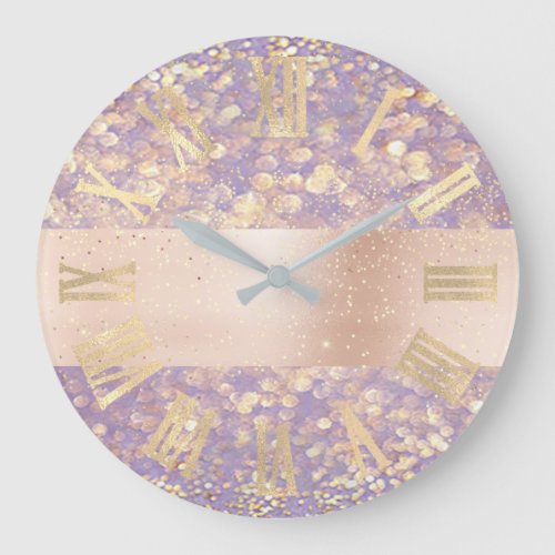 Rose Gold Glitter Confetti Purple Roman Numbers Large Clock